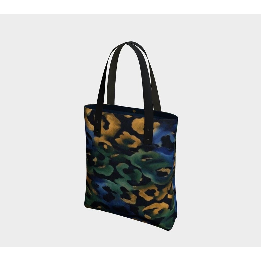 Watercolor Cheetah Print Canvas Tote, Emerald Green, Blue, Gold Tones